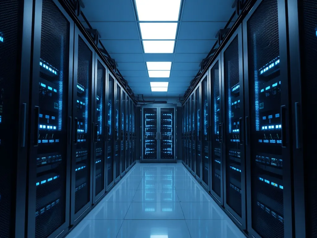 A professional server room with silver hardware, glowing blu