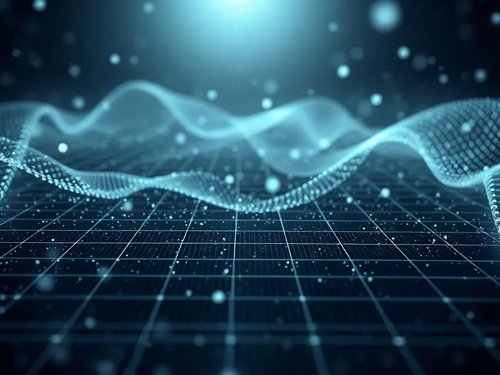 A high-tech digital grid with flowing data particles, silver