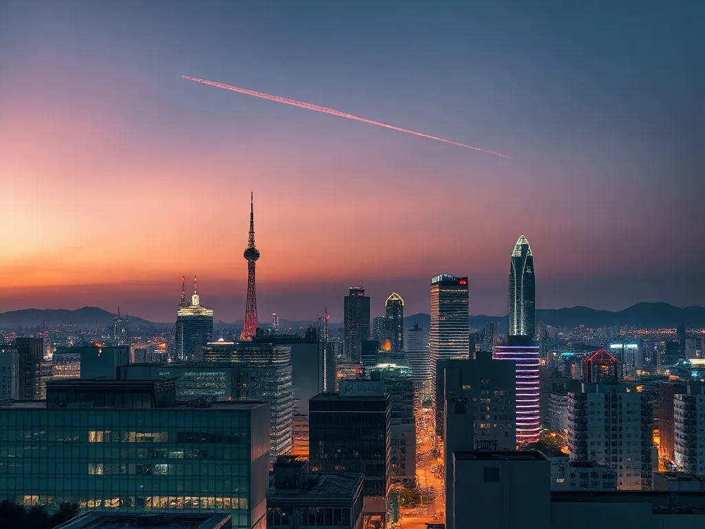 Cinematic wide shot of Fukuoka city skyline at twilight, met